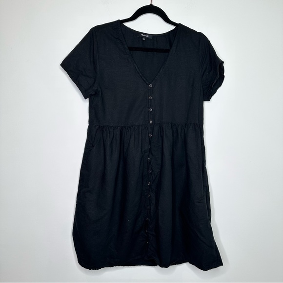 Madewell V-Neck Button Front Linen Blend Minidress in Black - Picture 2 of 6